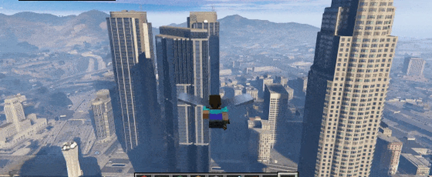 Minecraft Steve flying over the Los Santos skyline in the official Universal Modder showcase