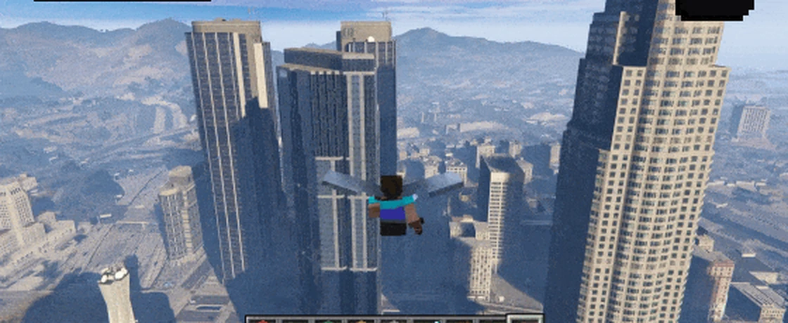 Official showcase footage of Minecraft Steve flying over Los Santos in GTA V