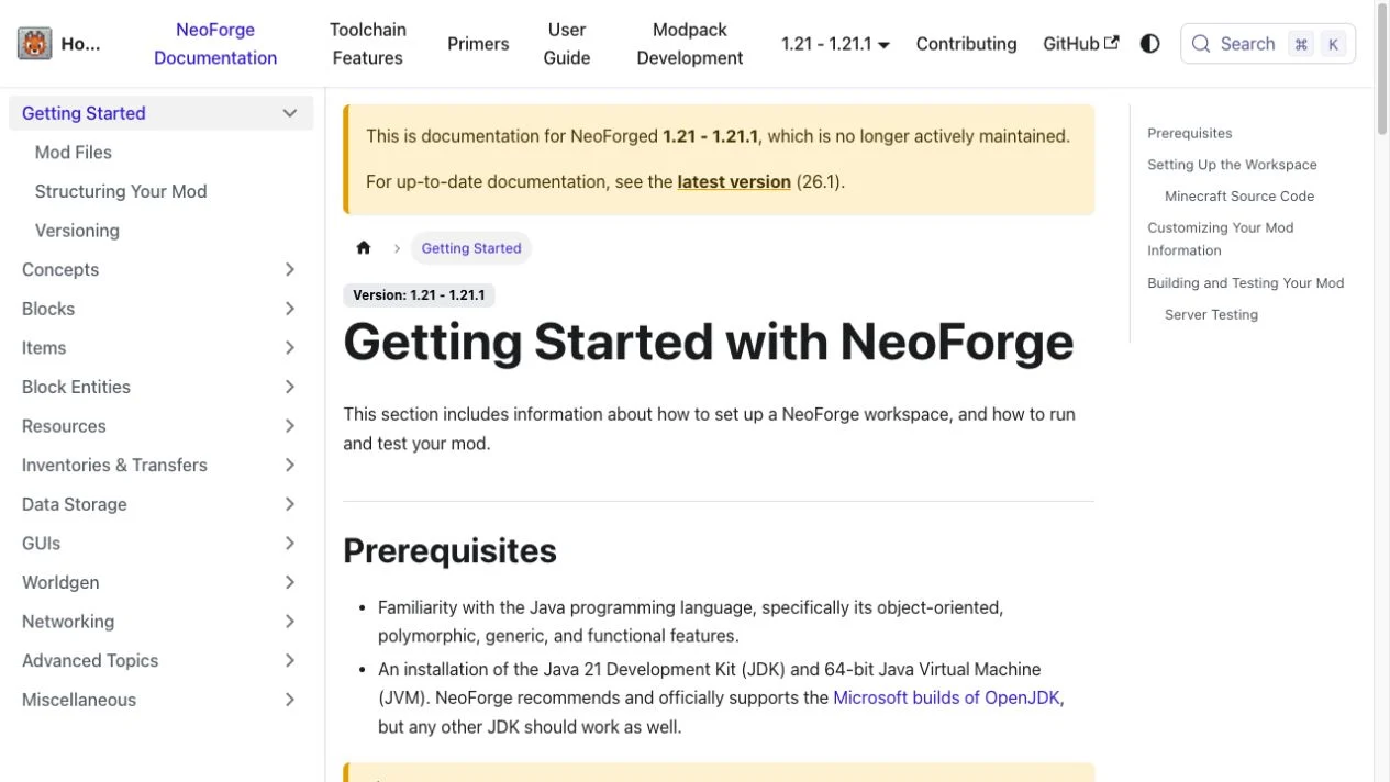 Real screenshot of NeoForge's versioned 1.21.1 Getting Started page showing its Java 21 prerequisite